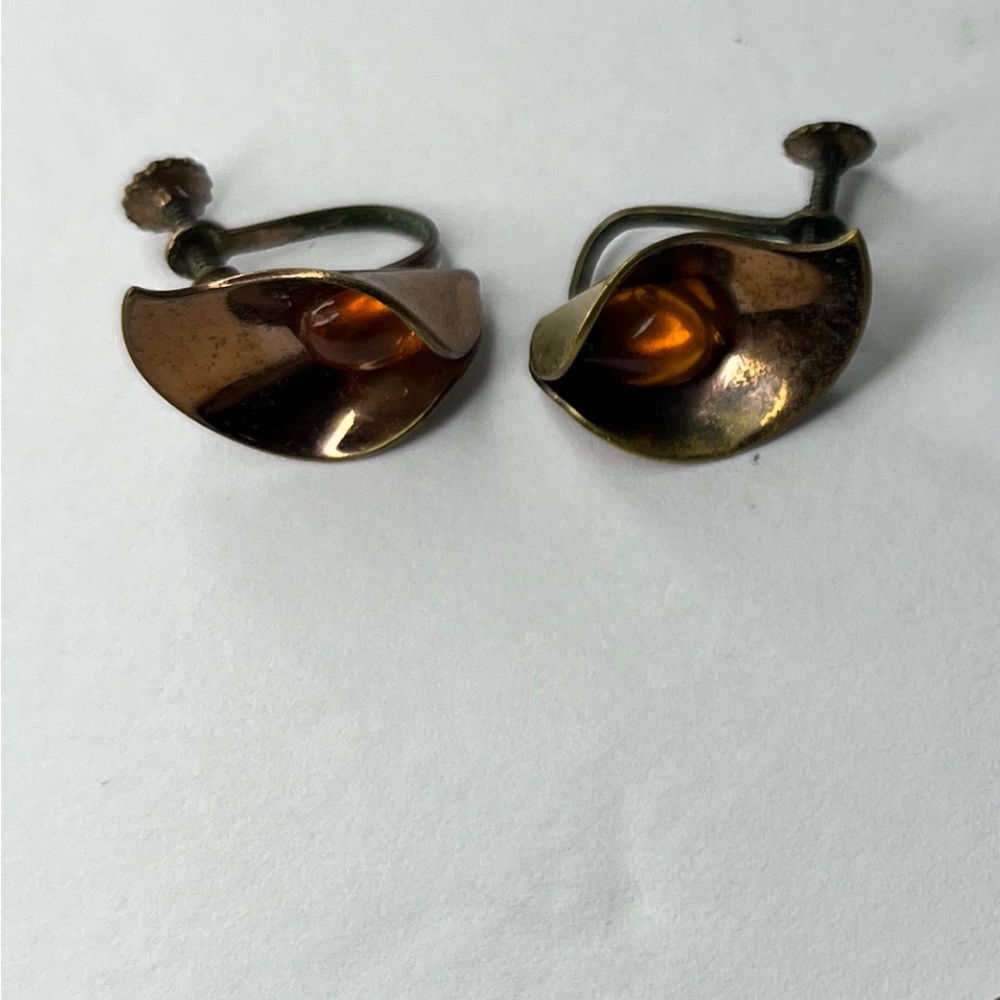 Vintage Gold Plated Parure Leaf Jewelry Pin & Back Earrings Amber‎ Brooch - Picture 8 of 8